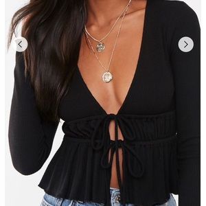 Flounce-Tie Long Sleeve Ribbed Top
